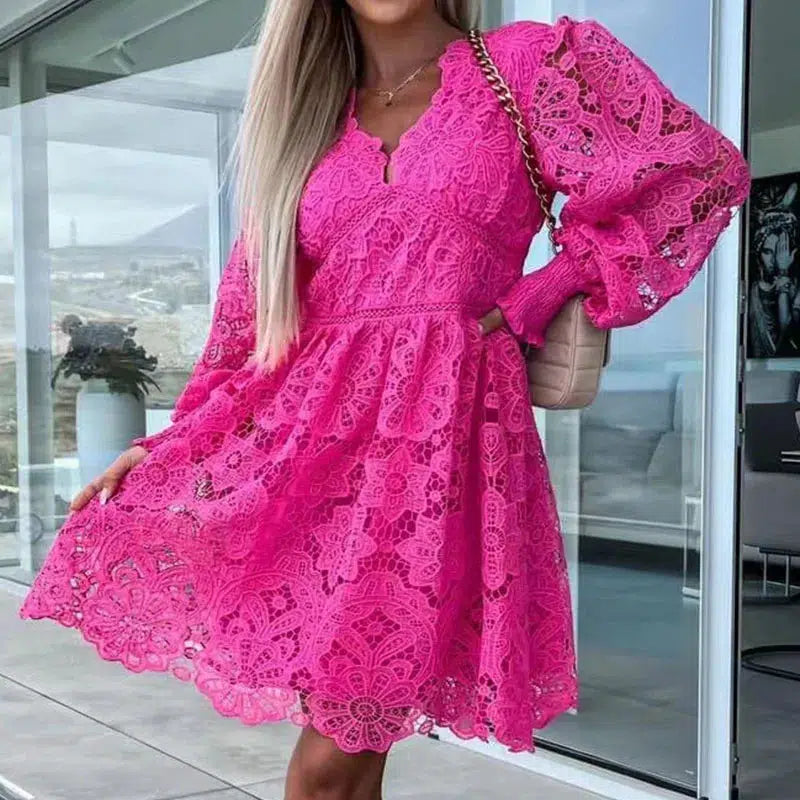 Cheky - Summer Loose Vintage Solid Color Lace Dress Fashion V-Neck Flare Sleeve Embroidery Dress Women New Hollow Out Pattern Mini Dress