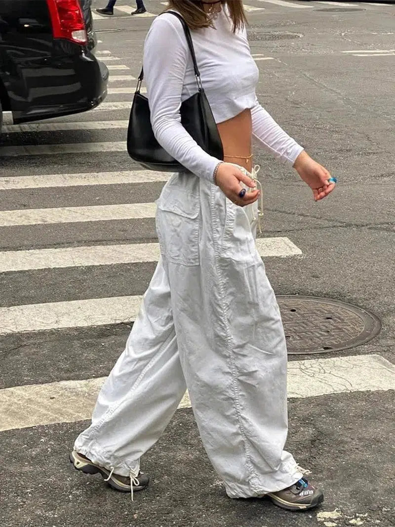 Cheky - Sweetown Casual Baggy Wide Leg Sweatpants White Loose Drawstring Low Waist Streetwear Cargo Pants Womens Hippie Joggers Trousers