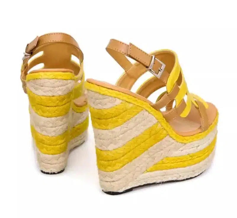 Cheky - High heels sandals striped Straw shoes Casual