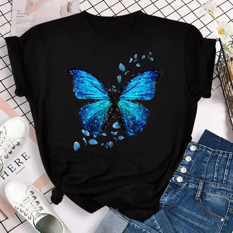 Cheky - New Fashion Women T-shirt Colorful Butterfly Petal Print Short Sleeve and Round Neck Cute Graphic Tee Shirts Female Tops Clothin