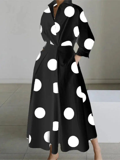 Cheky - White Dot Print Maxi Dress - Elegant Long Sleeve Autumn