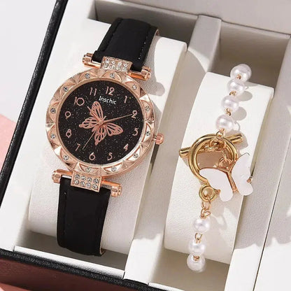 Cheky - Female New Luxury Ladies Watch Bracelet Set Quartz Wristwatch 2 PCS Set Women Watch Clock Gift Leather Strap Reloj Mujer