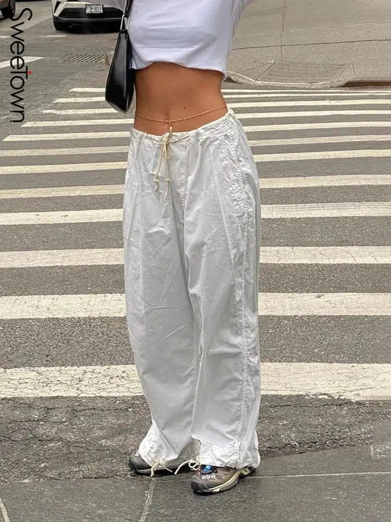 Cheky - Sweetown Casual Baggy Wide Leg Sweatpants White Loose Drawstring Low Waist Streetwear Cargo Pants Womens Hippie Joggers Trousers