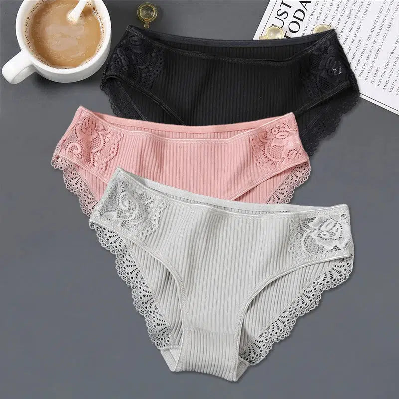 Cheky - FINETOO 3Pcs/set Women Cotton Panties M-2XL Low-Rise Underwear Trendy Patchwork Lace Briefs Female Soft Underpants Lingerie 2022