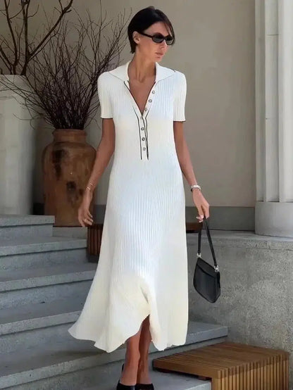 Cheky - White Knit Maxi Dress - Short Sleeve Elegant Party Wear