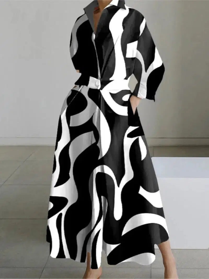 Cheky - White Dot Print Maxi Dress - Elegant Long Sleeve Autumn