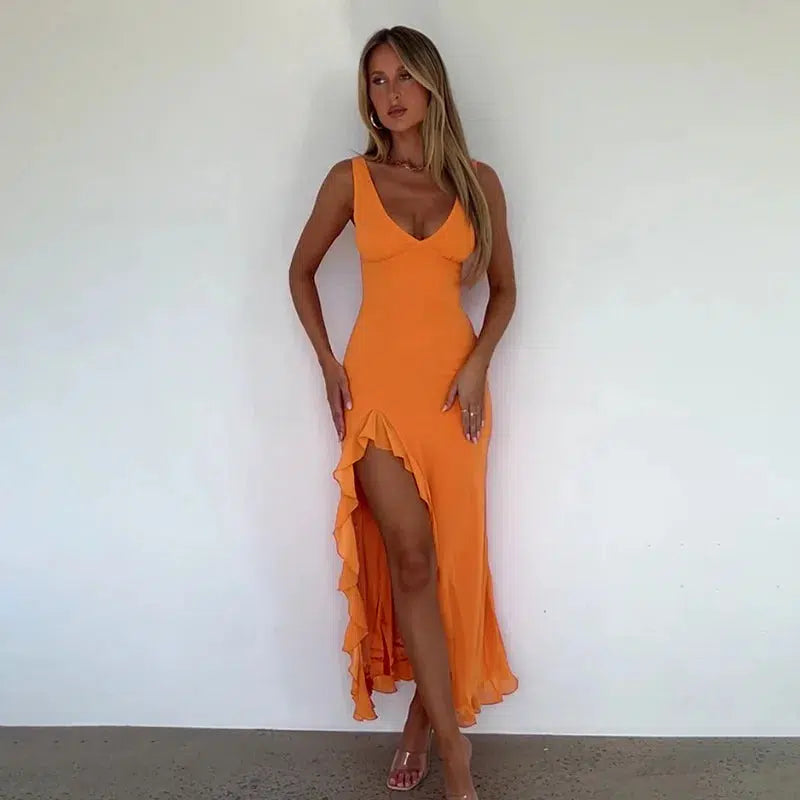 Cheky - Elegant Sleeveless Ruffle Maxi Dress - Sexy Deep V Neck Summer Wear