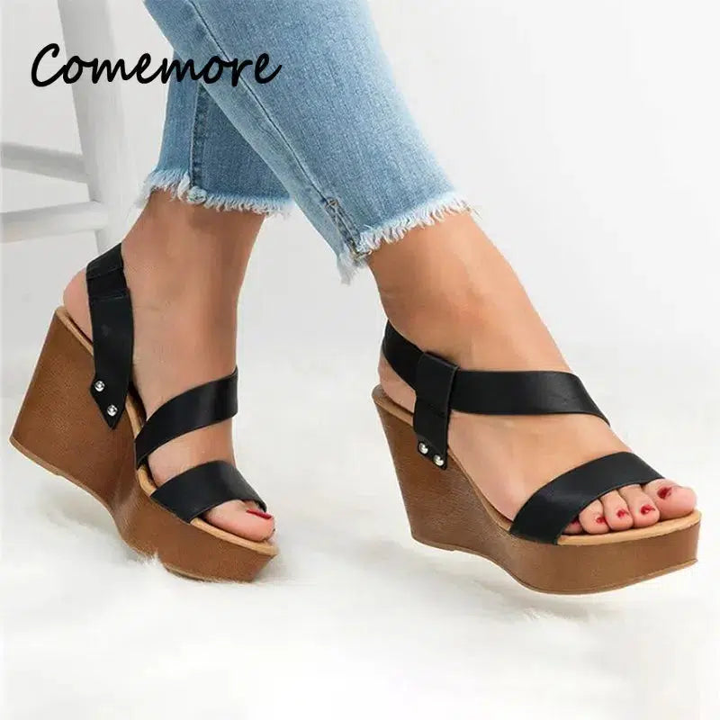 Cheky - Comemore Women Sandals Wedge Summer Platform Sandals Causal Slip on Concise Fashion Wedges Heels Solid Open Toe Lady Shoes