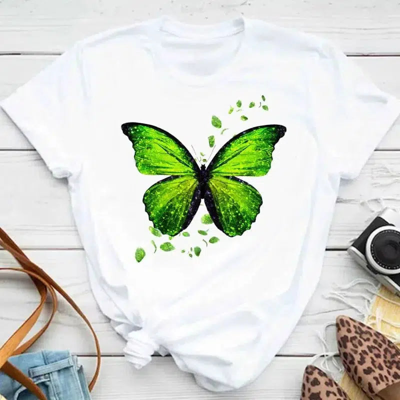 Cheky - New Fashion Women T-shirt Colorful Butterfly Petal Print Short Sleeve and Round Neck Cute Graphic Tee Shirts Female Tops Clothin