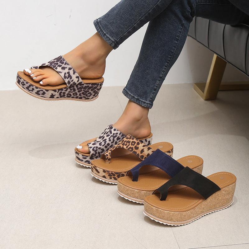 Cheky - Fashion Leopard Print Wedge Slippers For Women New Thick-sole High Heel Flip Flops Shoes Summer Outdoor Slippers