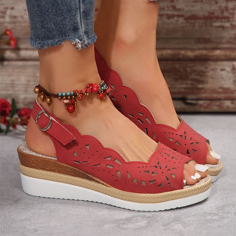 Cheky - New Fish-mouth Wedge Sandals Summer Thick-soled Hollow Buckle Roman Shoes For Women