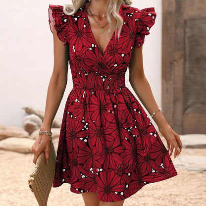 Cheky - New Flowers Print Ruffled Sleeveless Dress Summer Sexy Deep V-neck Slim-waist Short Dresses For Womens Clothing