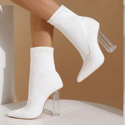 Cheky - New Crystal Heel Boots Fashion High-heeled Party Shoes For Women Elastic Mid-calf Slim-foot Boots Autumn And Winter