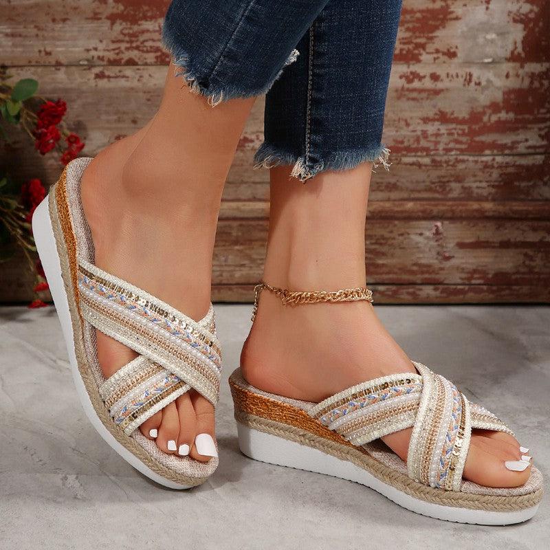 Cheky - Linen Wedge Sandals Summer Ethnic Style Cross-strap Sandals For Women Non-slip Slides Beach Shoes