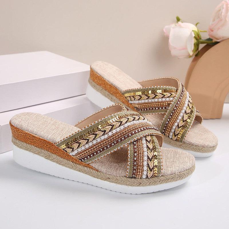 Cheky - Linen Wedge Sandals Summer Ethnic Style Cross-strap Sandals For Women Non-slip Slides Beach Shoes