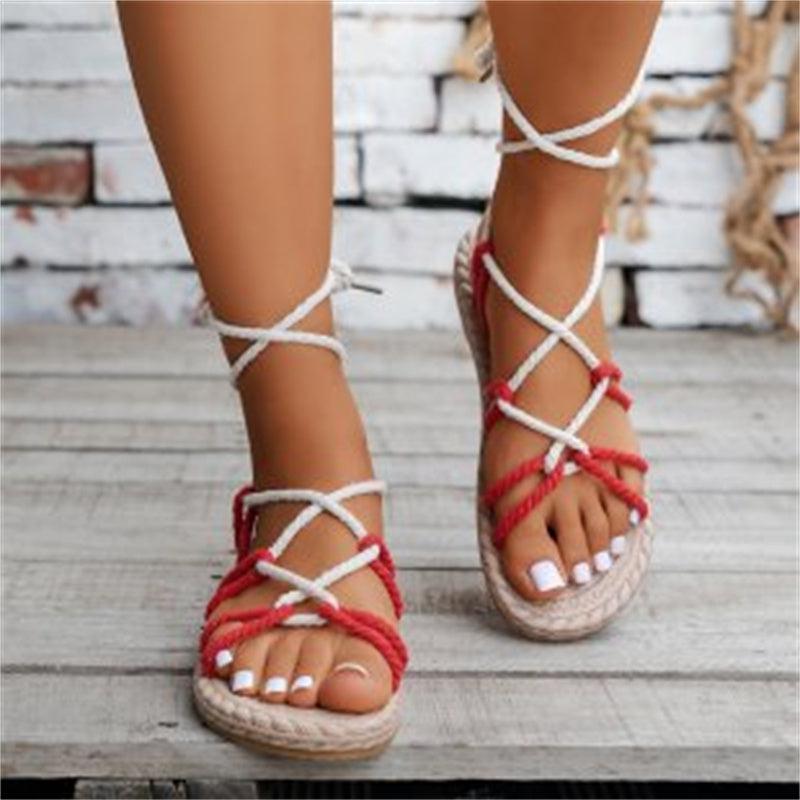 Cheky - Color-block Cross-strap Hemp Rope Sandals Summer Round Toe Flat Bottom Roman Shoes For Women Beach Shoes