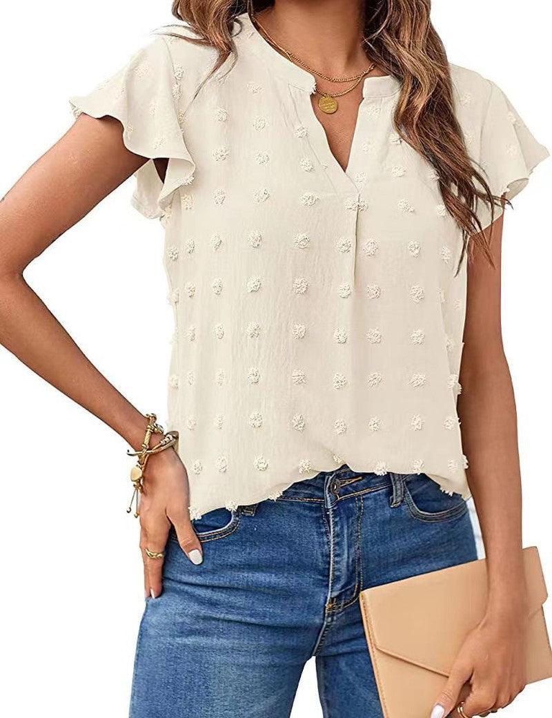 Cheky - Women Summer V Neck Ruffle Short Sleeve Blouse Dot Flowy Shirt Top