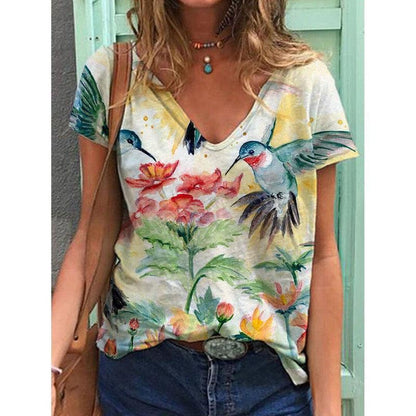 Cheky - Women's Printed Short-sleeved T-shirt V-neck Loose Top