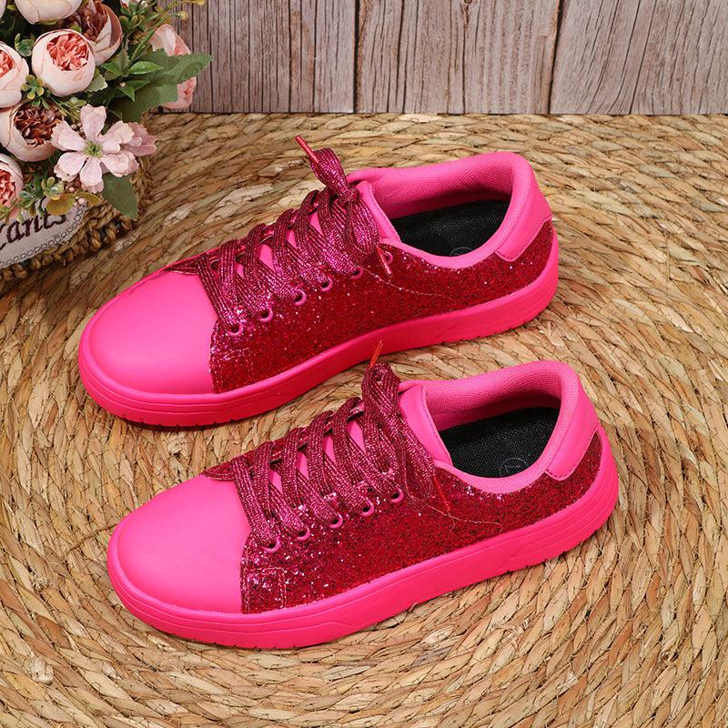 Cheky - Glitter Sequin Design Flats Shoes Women Trendy Casual Thick-soled Lace-up Sneakers Fashion Skateboard Shoes