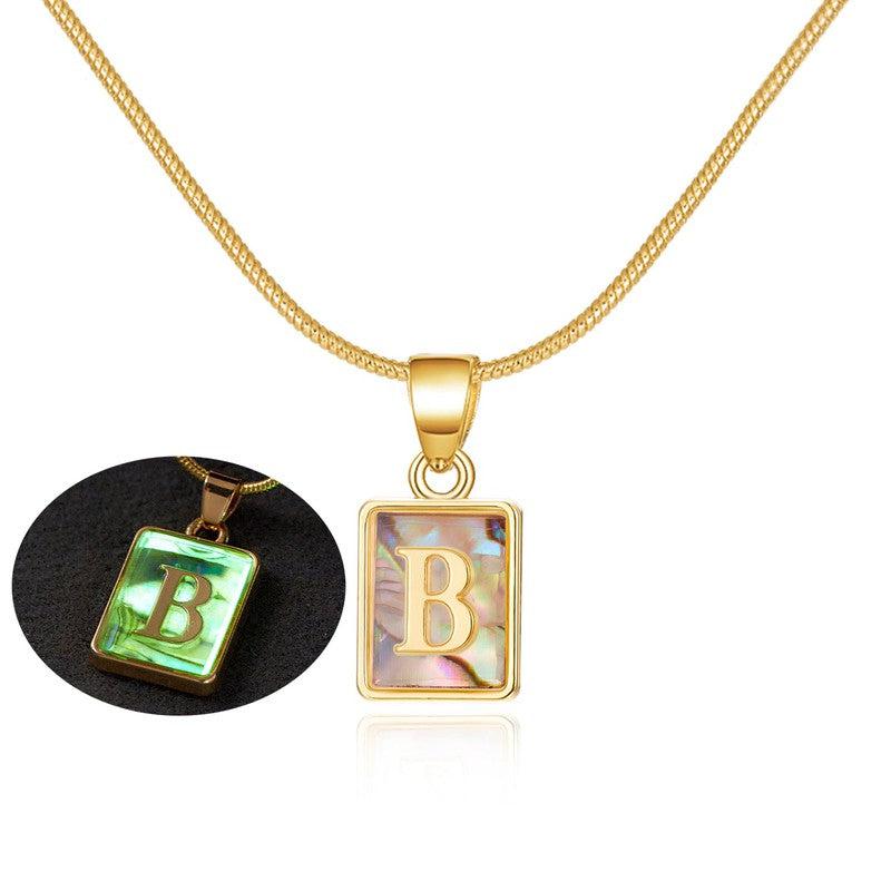 Cheky - 26 Letter Square Necklace Colorful Shell Luminous Pendant Chain Necklace For Women Temperament Ladies Jewelry