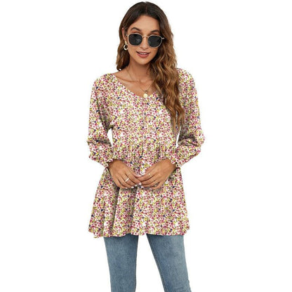 Cheky - Long Puff Sleeve Tops Women Flowers Print Casual V-Neck Blouse T-Shirts Babydoll Tops