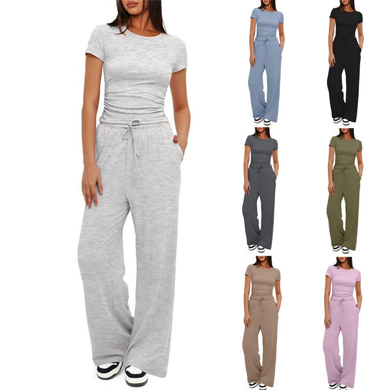 Cheky - 2pcs Solid Color Casual Sports Suit Short-sleeved Top And High-waisted Drawstring Wide-leg Pants Summer Fashion Set For Womens Clothing