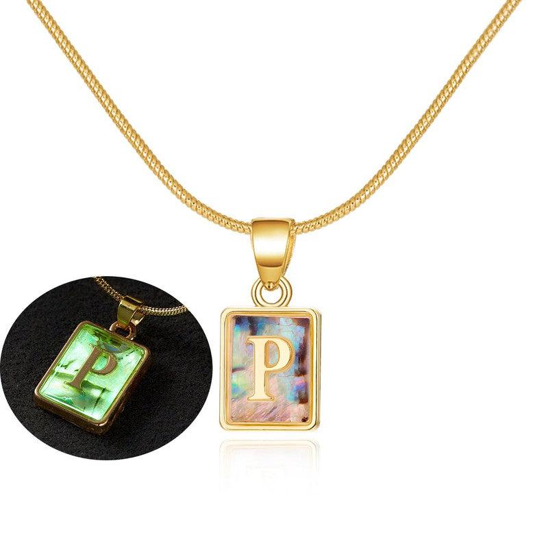 Cheky - 26 Letter Square Necklace Colorful Shell Luminous Pendant Chain Necklace For Women Temperament Ladies Jewelry