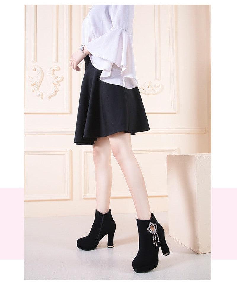 Cheky - Rhinestone Chunky Heel Fashion Short Boots Waterproof Platform High Heel Boots