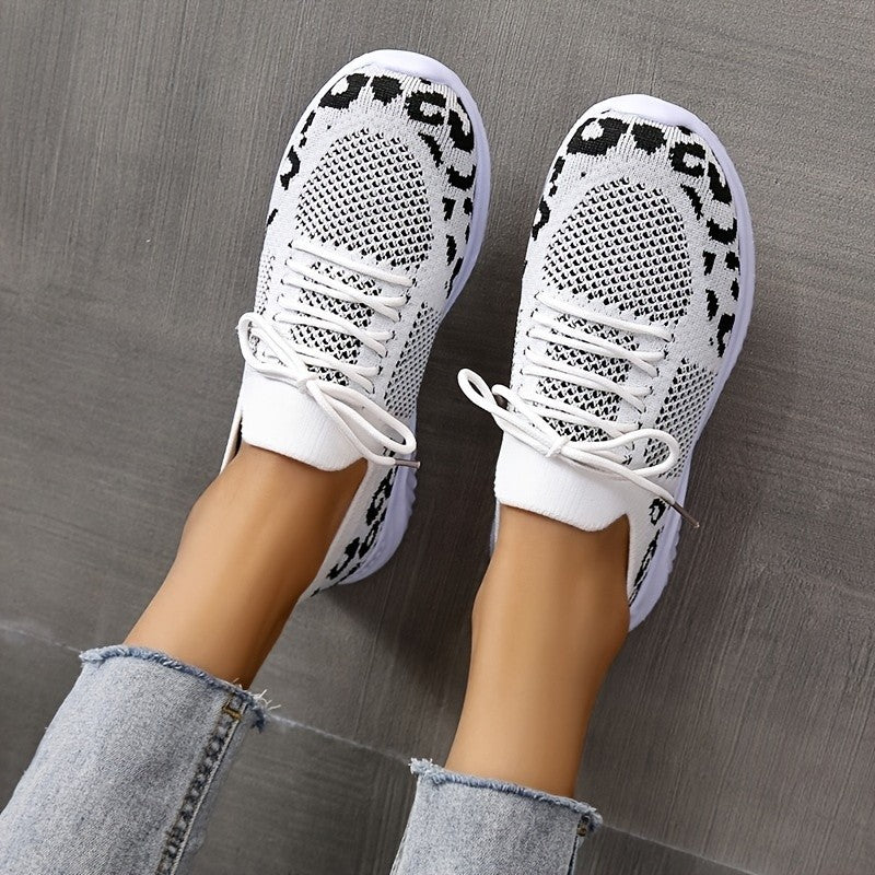 Cheky - White Shoes Women Leopard Print Lace-up Sneakers Sports