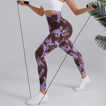 Cheky - Tie-dye Printed Yoga Pants Fashion Seamless High-waisted Hip-lifting Trousers Sports Running Fitness Pants For Womens Clothing