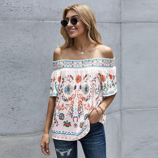 Cheky - Women's Printed T-shirt Loose Off Shoulder Top