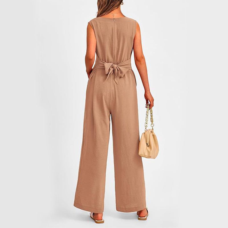 Cheky - New V-neck Sleeveless Long Jumpsuit With Pockets And Lace-up Design Wide-leg Straight Trousers Summer Womens Clothing