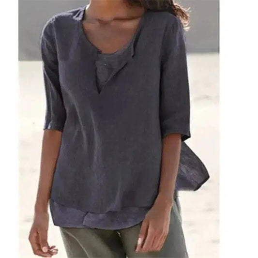 Cheky - All-match Women's Mid-sleeve V-neck Solid Color Cotton Linen