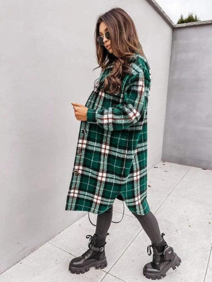 Cheky - Button lapel casual warm plaid long woolen coat