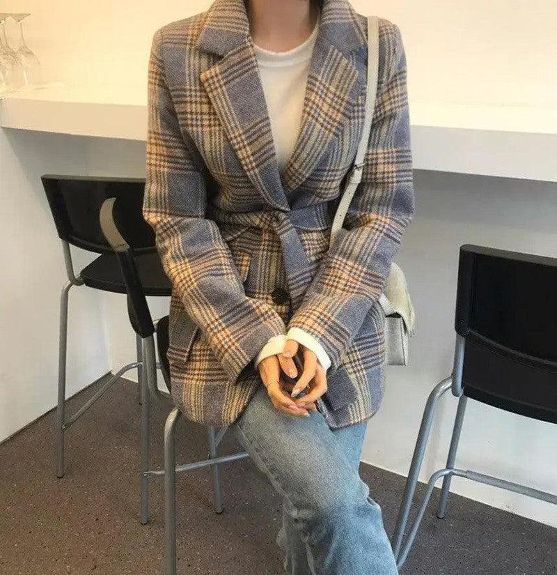 Cheky - Checked chic short single-breasted coat