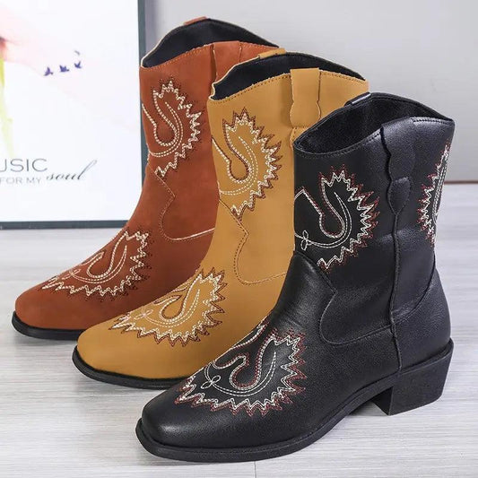 Cheky - Embroidery Western Boots Chunky Mid Heel Cowboy Boots Women Shoes