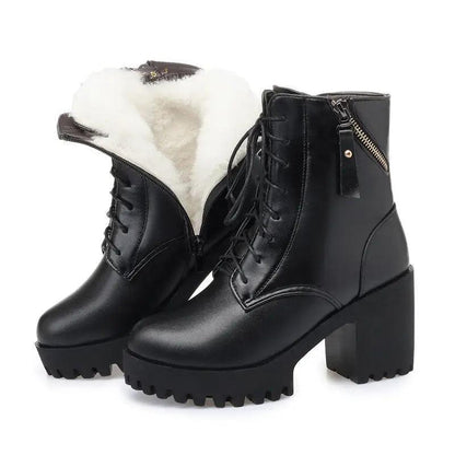 Cheky - Genuine Leather Fashion High Heel Thick Heel Army Boots Women Wool Women Ankle Boots