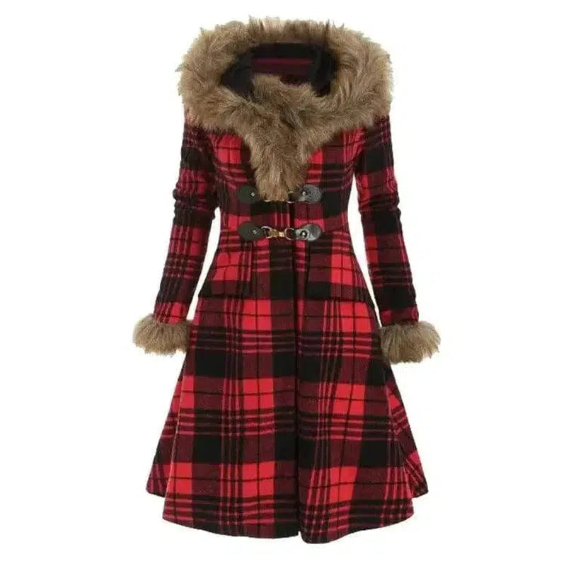 Cheky - Hooded fur and woolen mid-length coat