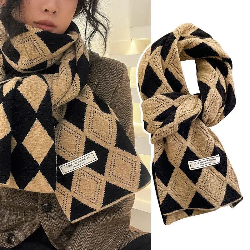 Cheky - Knitted Wool Small Scarf Women Camel Rhombus Thickened Warm