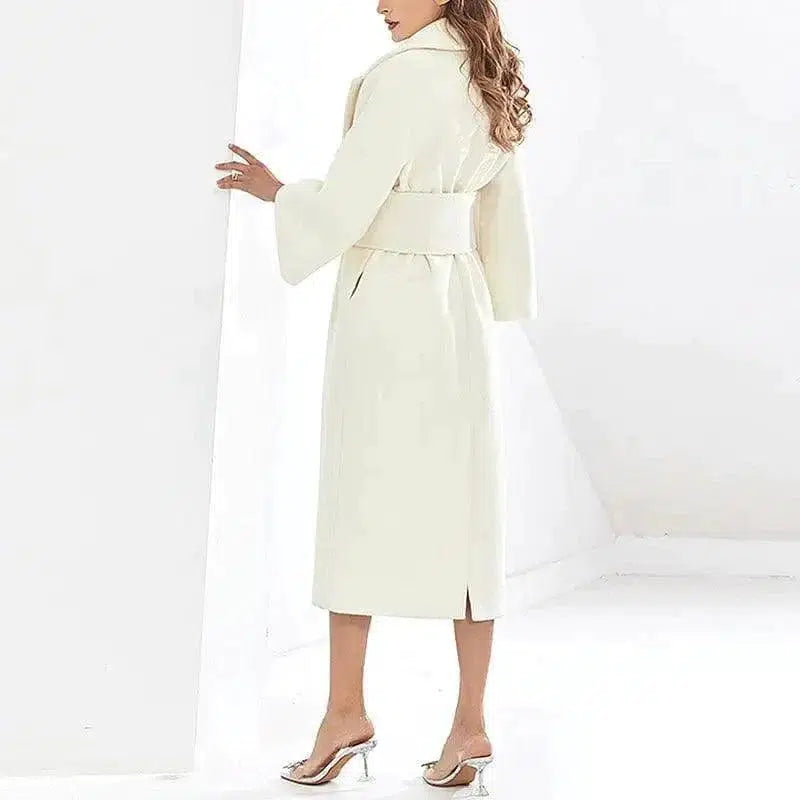 Cheky - Lapel Waist White Mid-length Woolen Coat