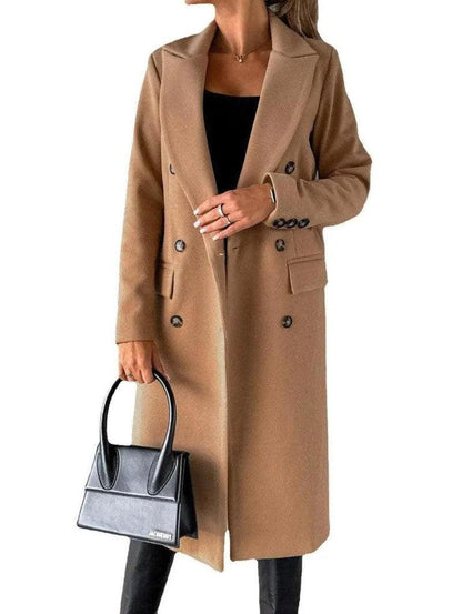 Cheky - Long Sleeve Lapel Solid Double Breasted Slim Coat Coat