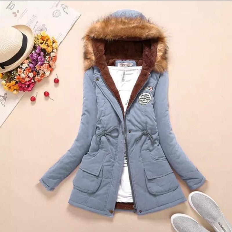 Cheky - Long Women's Cotton-Padded Jacket With Wool Collar