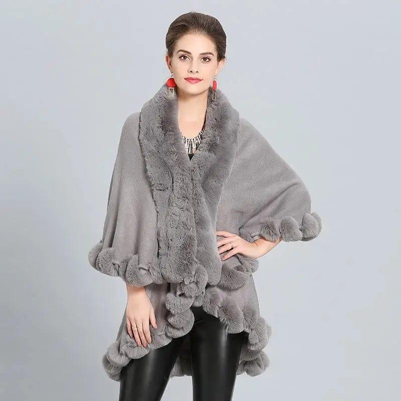 Cheky - Loose Fox Fur Collar Double-layer Knitted Shawl Cloak Coat