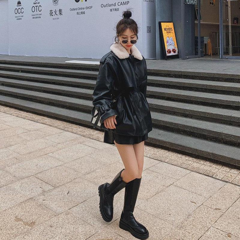 Cheky - Loose Plus Velvet Thickening Small Locomotive PU Cotton Jacket Women