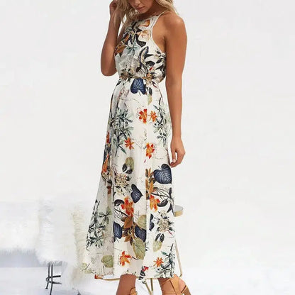 Cheky - European and American sling cotton printed long beach dress