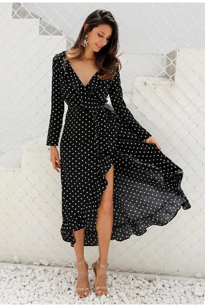 Cheky - Long sleeve polka dot ruffled split dress black dress maxi