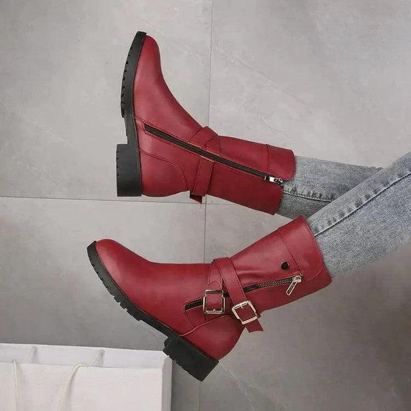 Cheky - Low Heel Belt Buckle Fashion Martin Boots Women