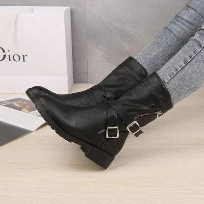 Cheky - Low Heel Belt Buckle Fashion Martin Boots Women