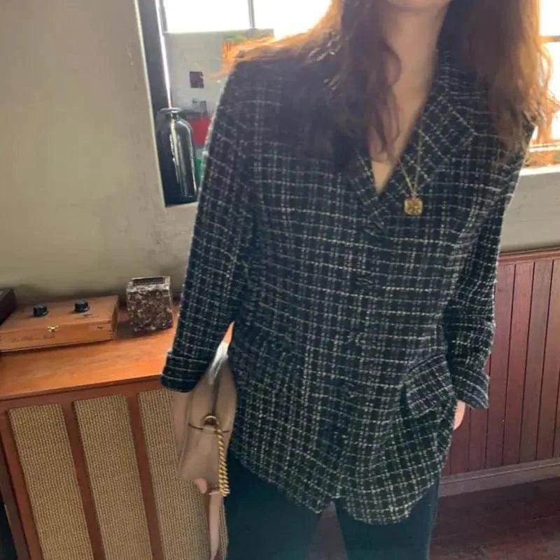 Cheky - Retro Heavy Industry Lapel Multi-button Long-sleeved Plaid