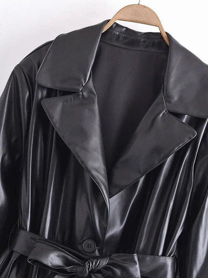 Cheky - Stylish Belted Faux Leather Trench Coat